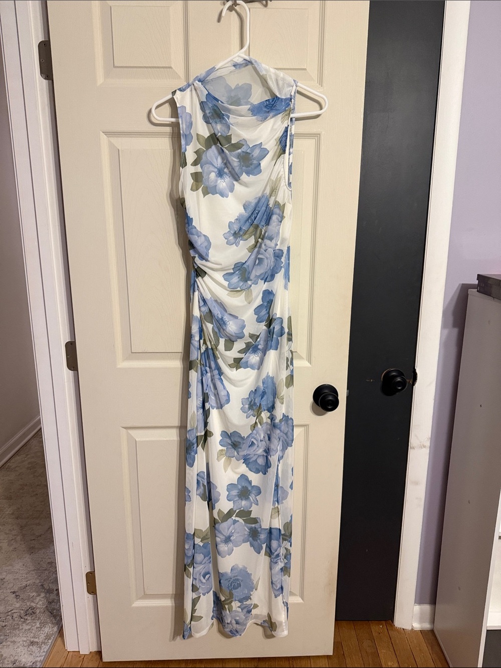 Haute Monde White Maxi Dress with Blue Floral Print